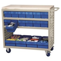 Akro-Mils® Louvered Cart, Small, Putty, 37" L x 18" W x 36" H, 16 Blue Bins - 1389674
